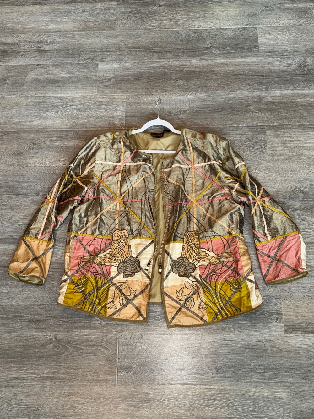 Semi vintage art to wear open jacket embellished with butterflies flowers 2X